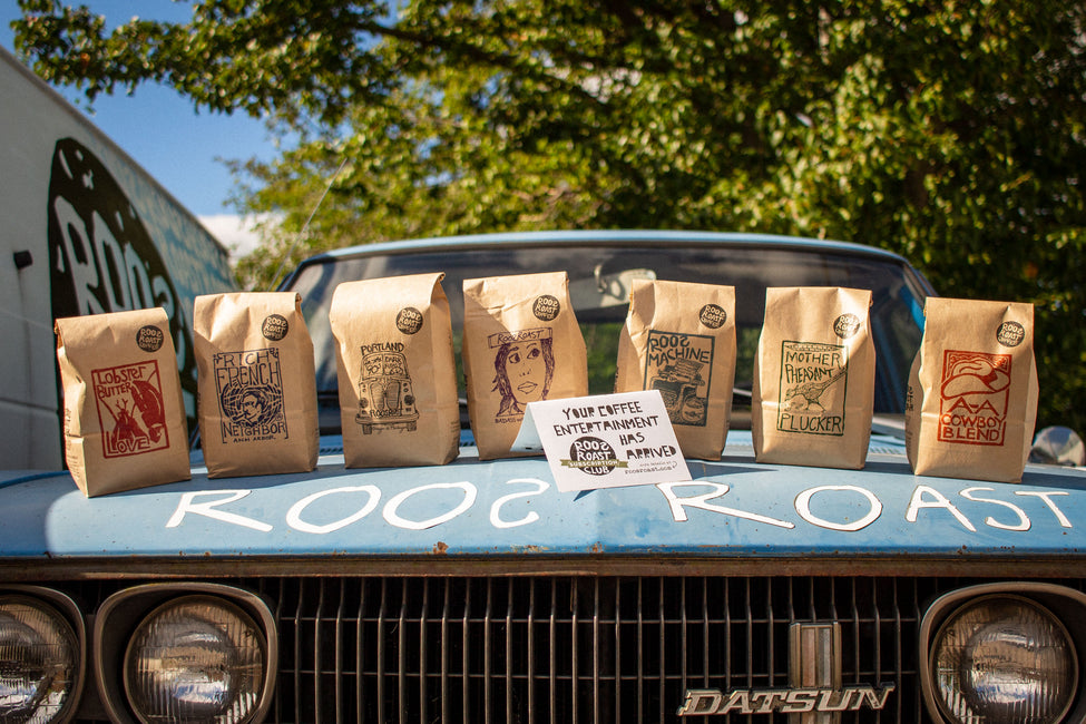 full spectrum of roosroast coffees on the datsun hood