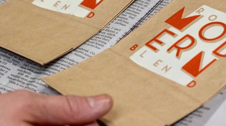 hand printing modern blend bags at roosroast