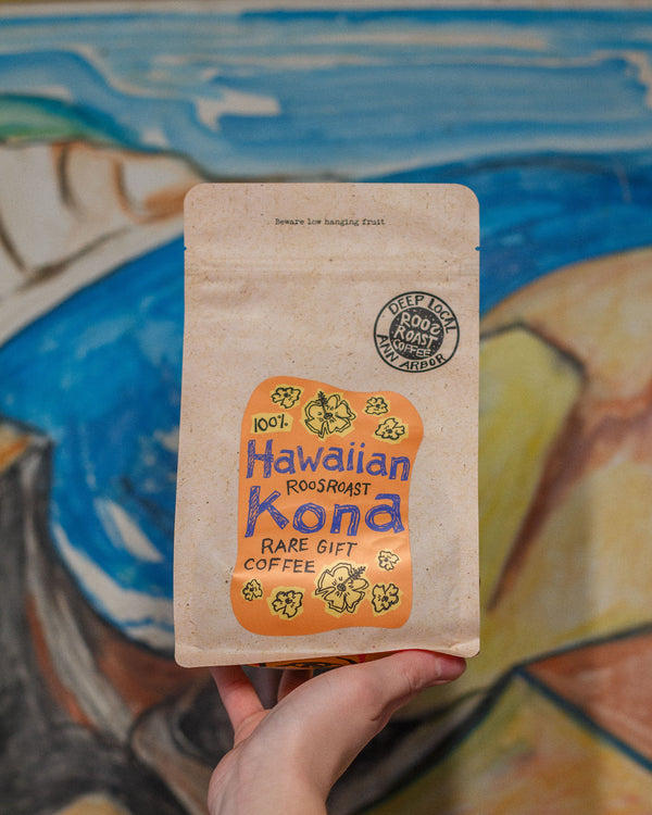 Hawaiian Kona coffee package held in front of a colorful mural