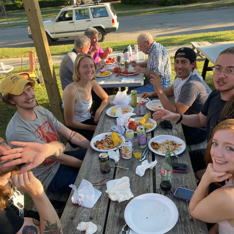 employees eating lobster lunch