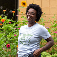 Kay wearing roosroast coffee with cream powder blue t shirt
