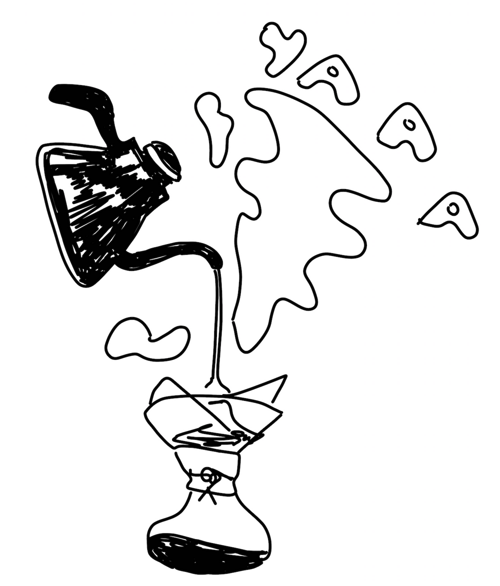 a drawing of hot water from a kettle pouring over a chemex brewer