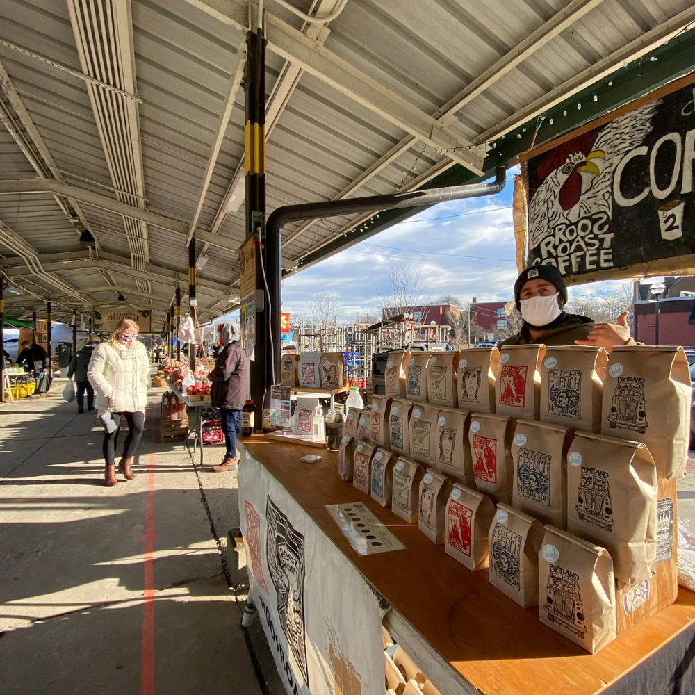 visit the RoosRoast stand at the farmers market in ann arbor, michigan