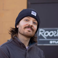 charcoal gray beanie with roosroast patch