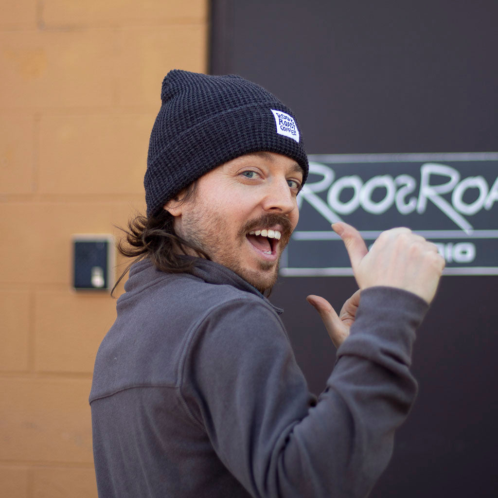 charcoal gray beanie with roosroast patch