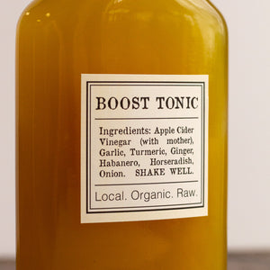 local organic raw boost tonic ingredients apple cider vinegar, garlic, turmeric, ginger, habanero, horseadish, onion
