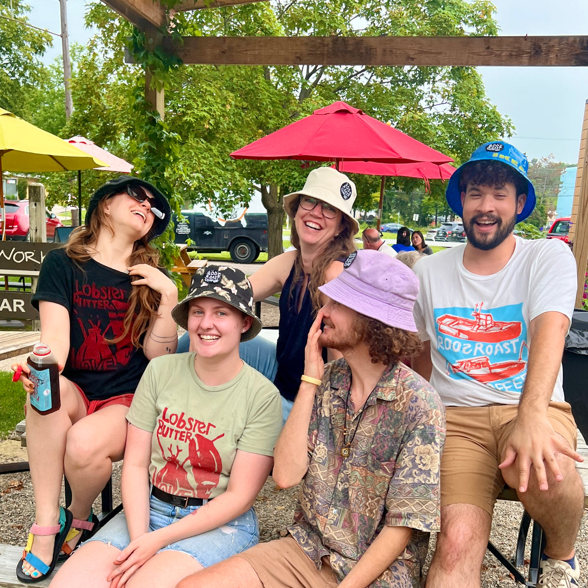roosroast coffee iron on patches on a bucket hat