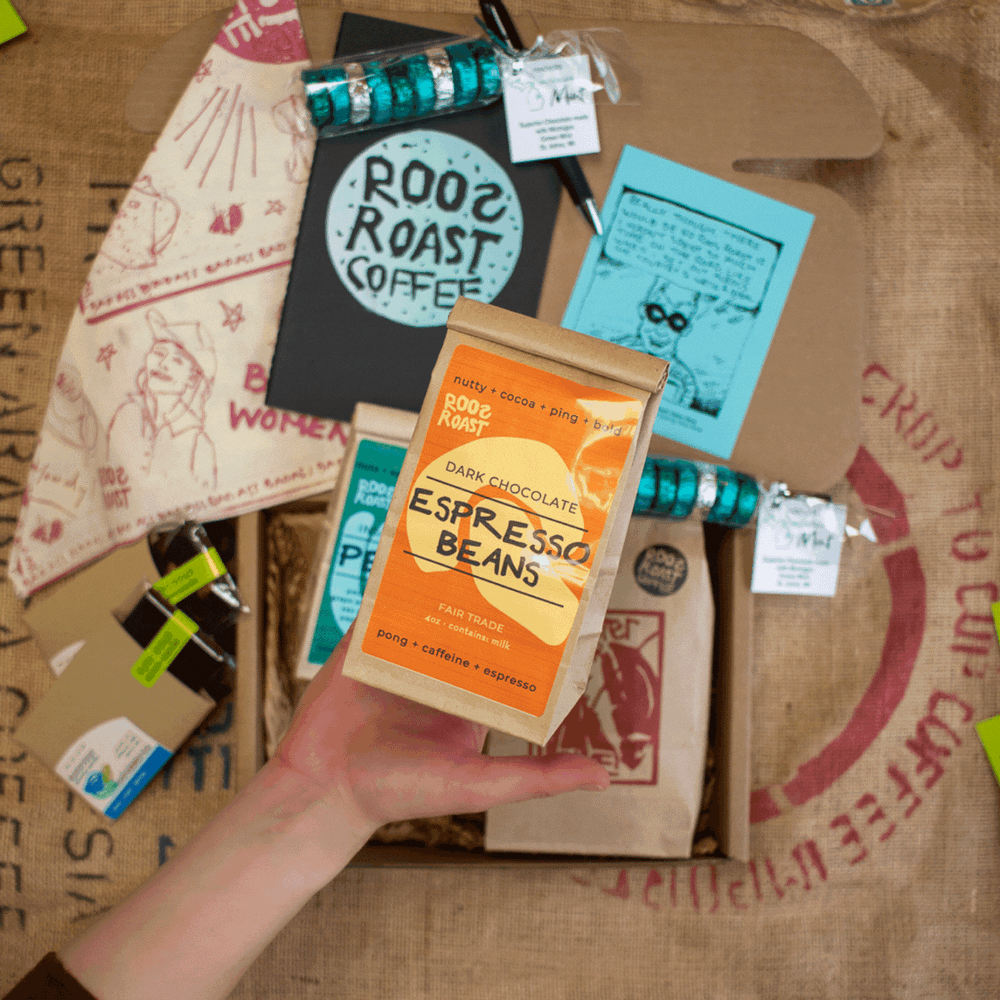 insanely good pecans and dark chocolate espresso beans in a coffee gift box by roosroast