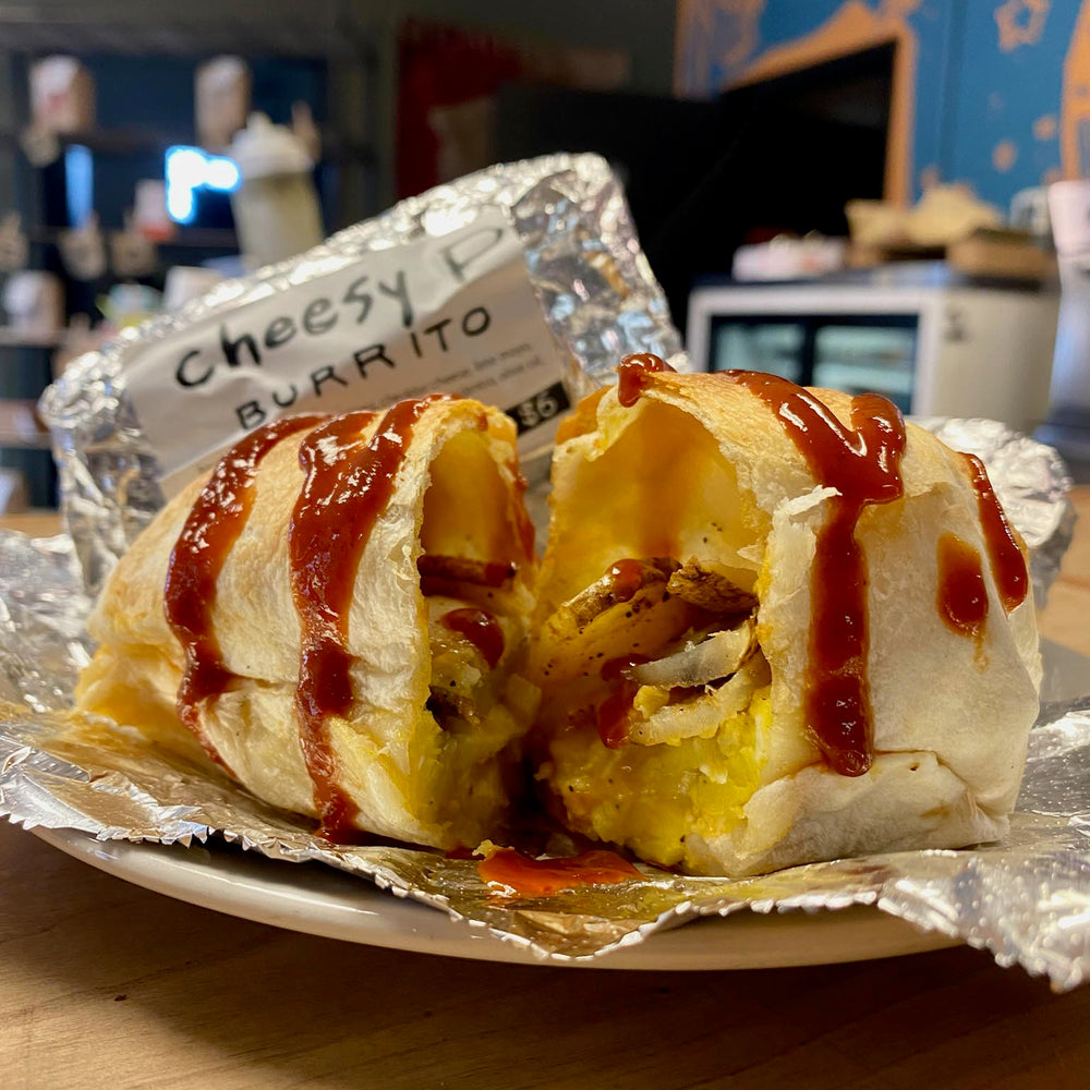 cheesy potato burrito made by roosroast coffee