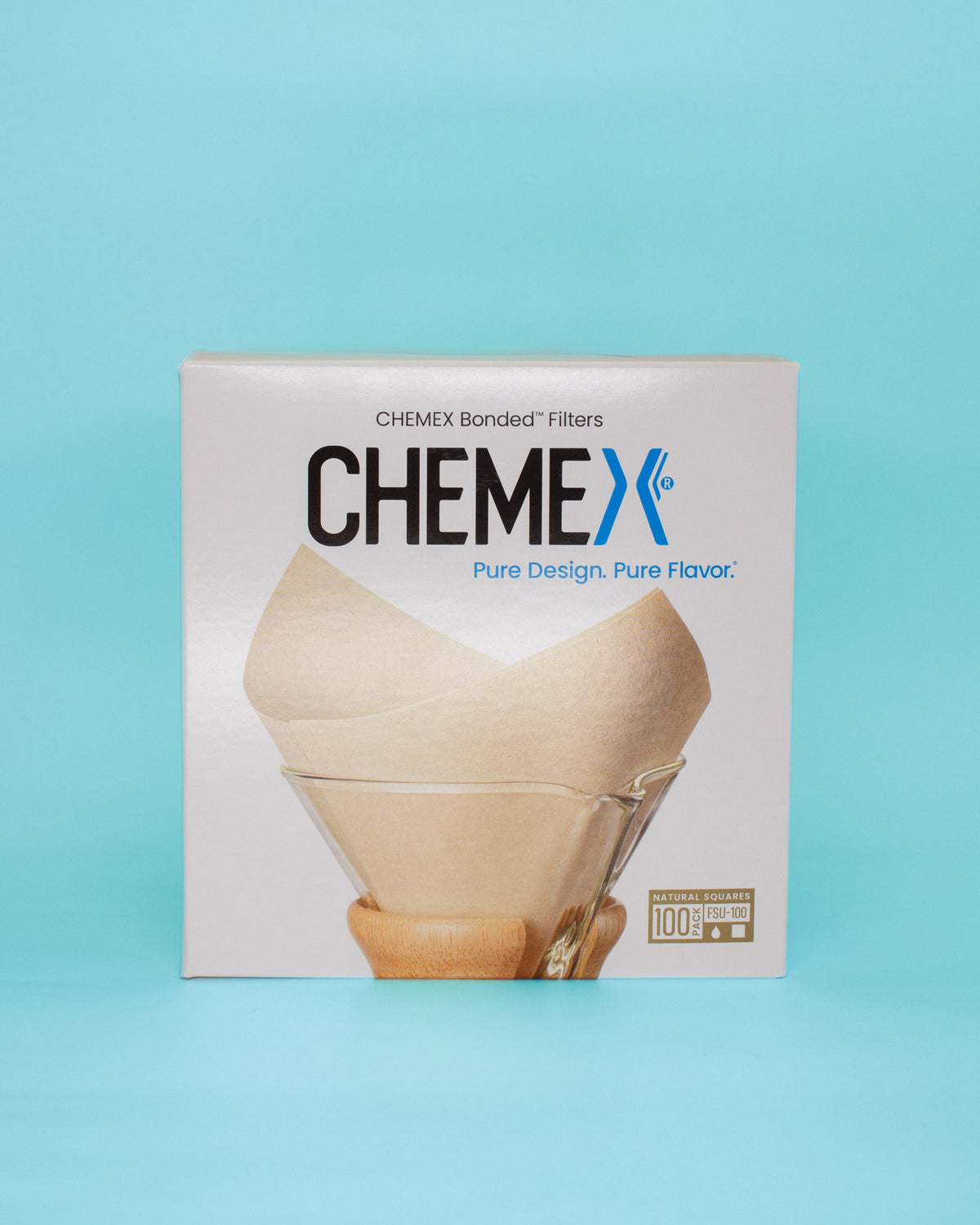 CHEMEX Bonded Filters product box on a light blue background, featuring a cone-shaped filter and glass dripper illustration with the CHEMEX logo.