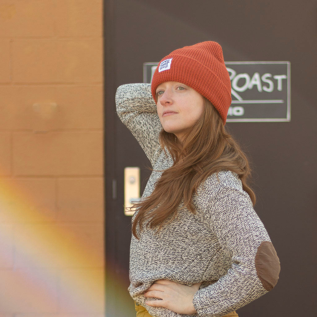 terra cotta beanie with roosroast patch