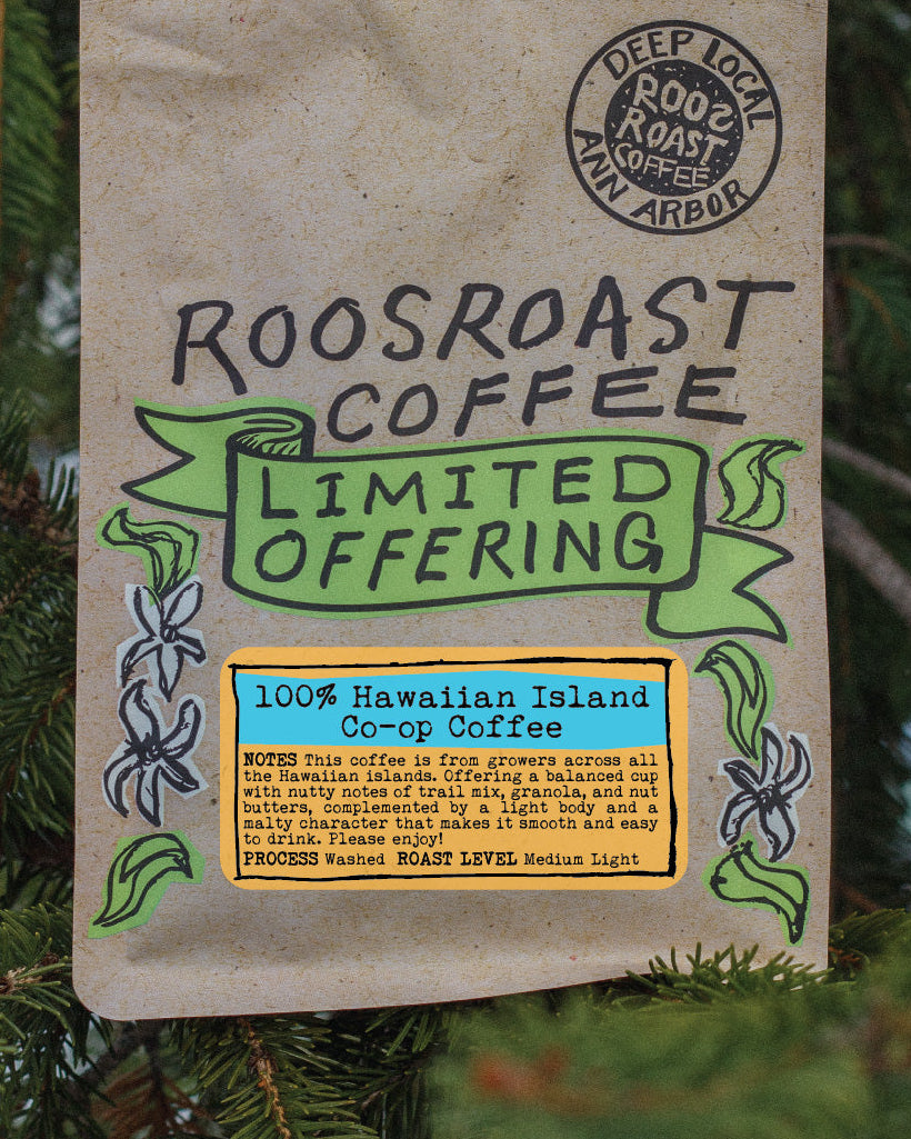 Roosroast Coffee package with 'Limited Offering' text against a green leafy background