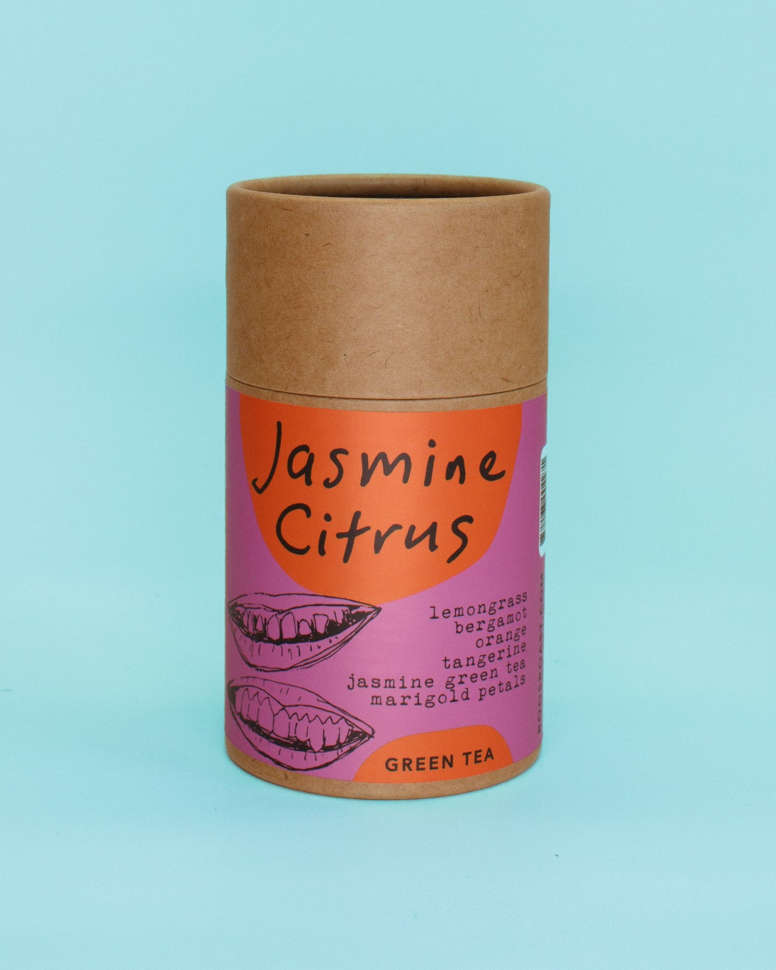 Jasmine Citrus green tea packaging on a light blue background