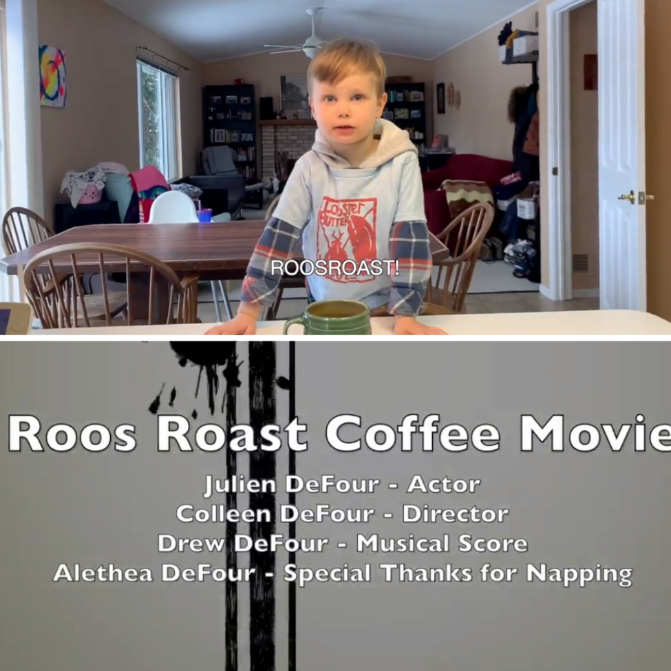 still from the video of a three year old making a pour over. the winner of the 2022 roos talent show