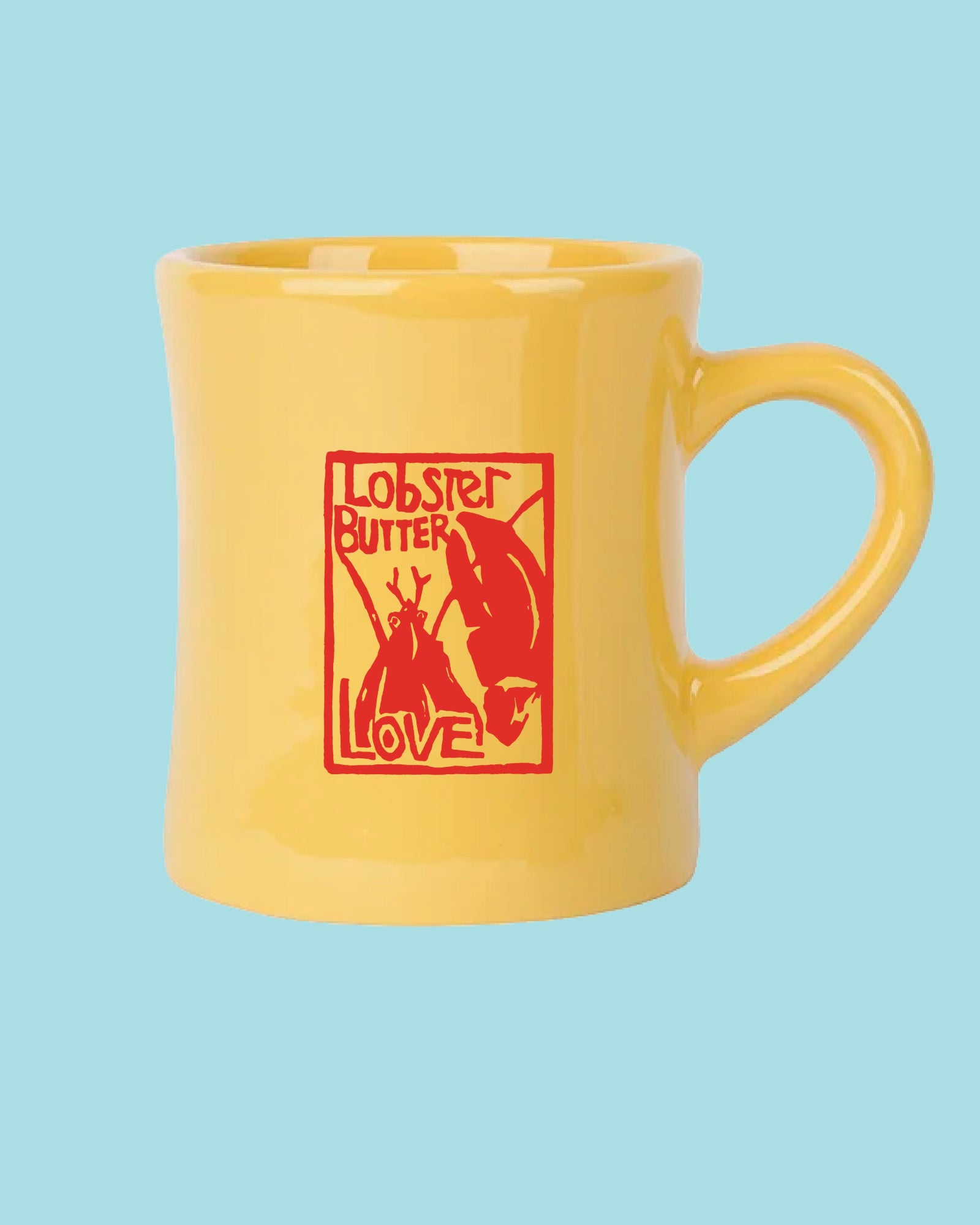 A yellow ceramic coffee mug with a red graphic print that reads 'Lobster Butter Love' and shows lobster illustrations, set against a solid light blue background.