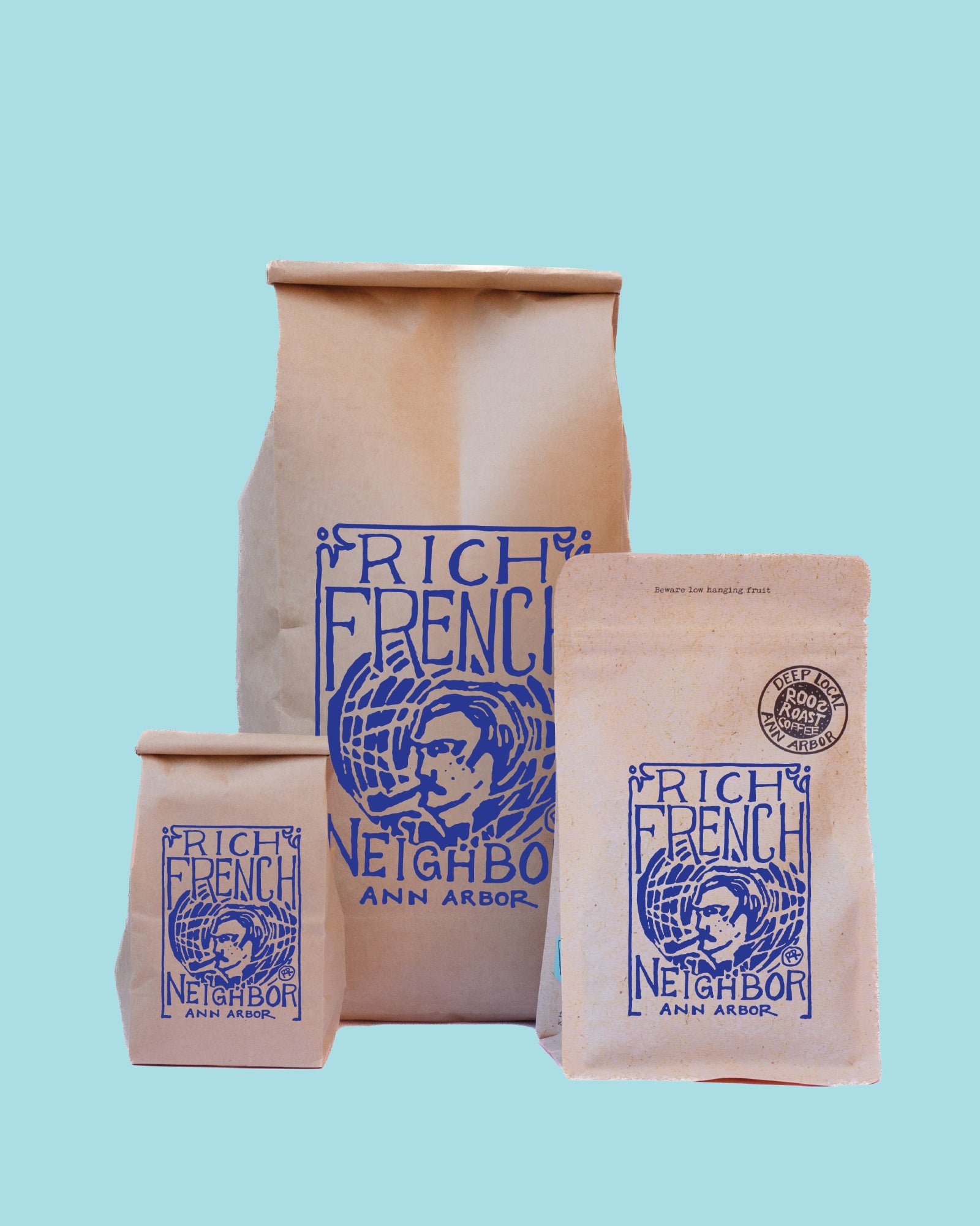 three bags of rich french neighbor coffee roosroast different sizes