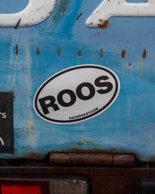 Sticker with 'ROOS' on a blue surface with rust and wear.