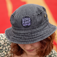 roosroast coffee iron on patches on a bucket hat