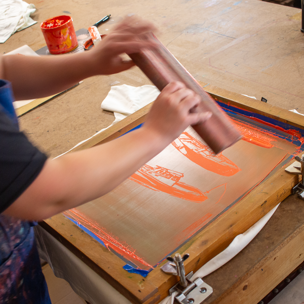 screen printing the orange layer of lobster boat t shirt