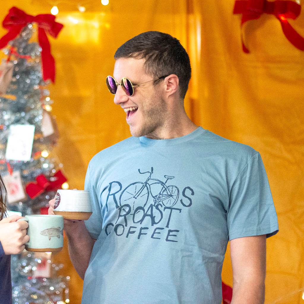 roosroast coffee bike t shirt in blue