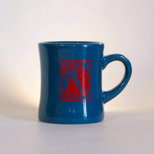 lobster butter logo on spruce blue diner mug