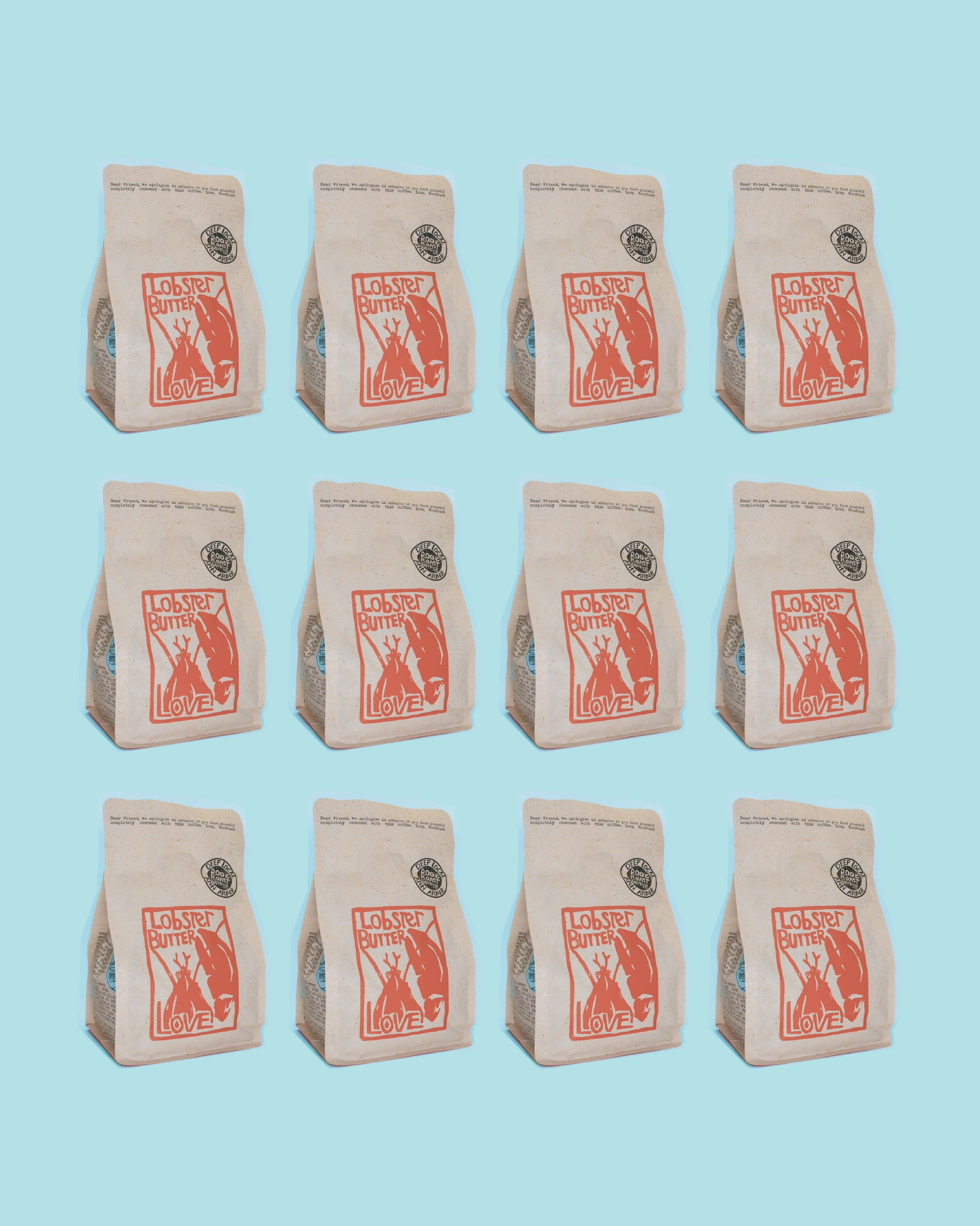 twelve beige coffee bags with red graphics on a light blue background