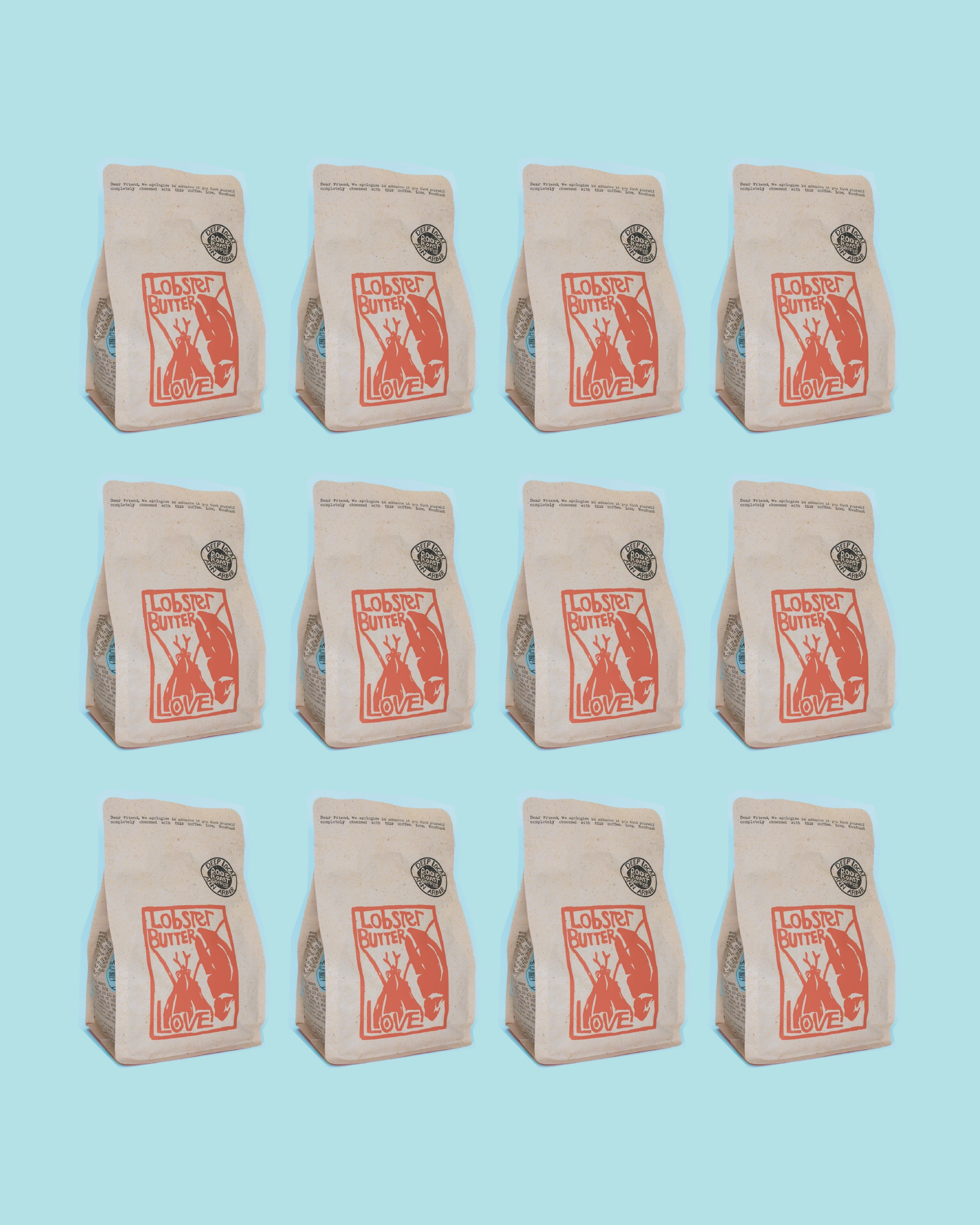 twelve beige coffee bags with red graphics on a light blue background