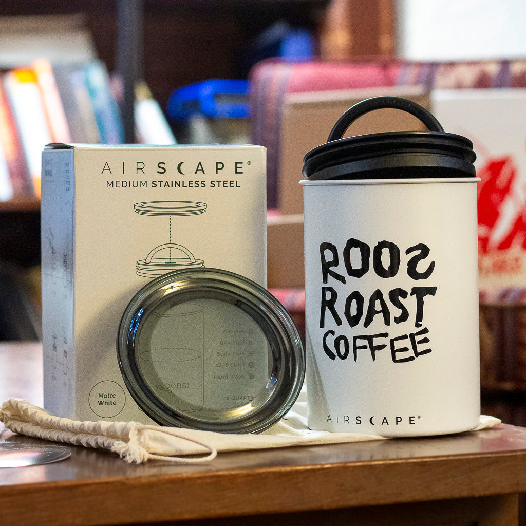 white airscape coffee bean storage container with roosroast logo