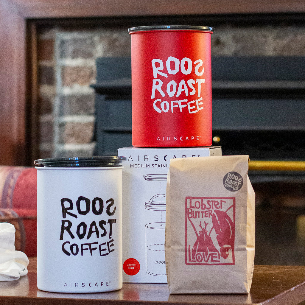 white and red airscape coffee bean storage container with roosroast logo