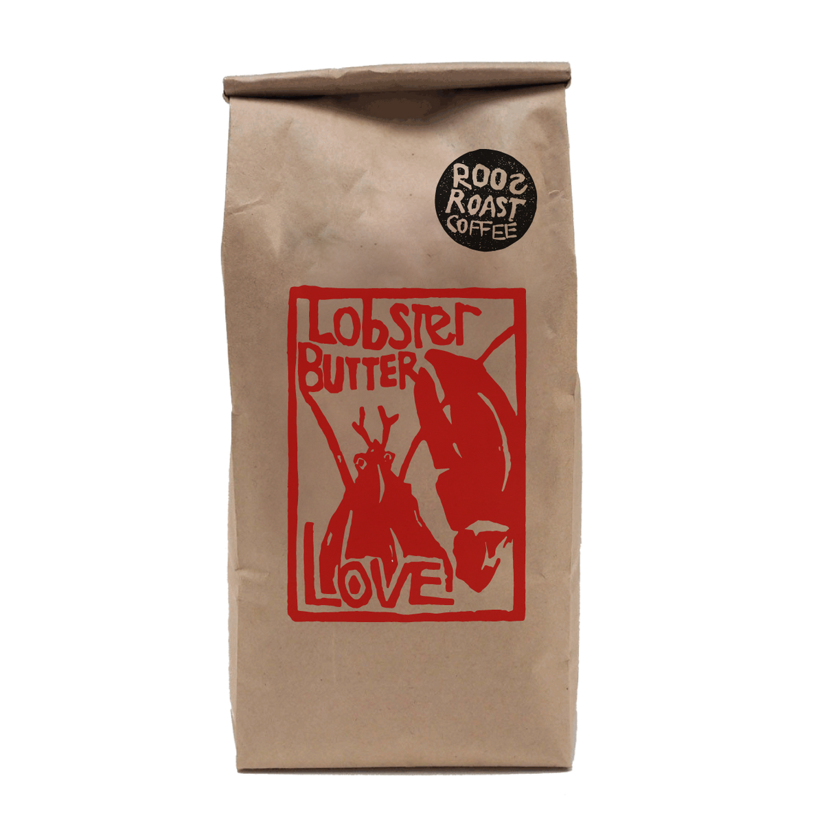 the famous lobster butter love medium-dark roast coffee in a 1 pound bag, roasted by RoosRoast Coffee 