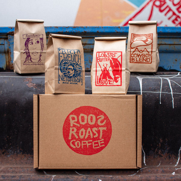 sample pack including lobster butter love, a-a cowboy, rich french neighbor, badass women blend by roosroast coffee in Ann Arbor, Michigan