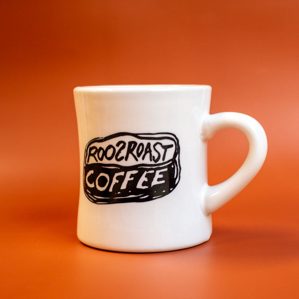 RoosRoast vintage coffee bean logo on a white diner mug