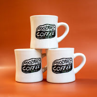 RoosRoast vintage coffee bean logo on a white diner mug